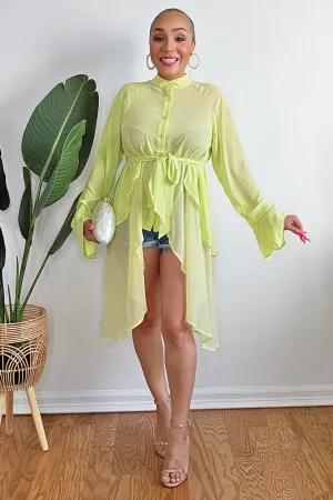 040925 Our Lime Button Down Hi-Low Bell Sleeve Blouse