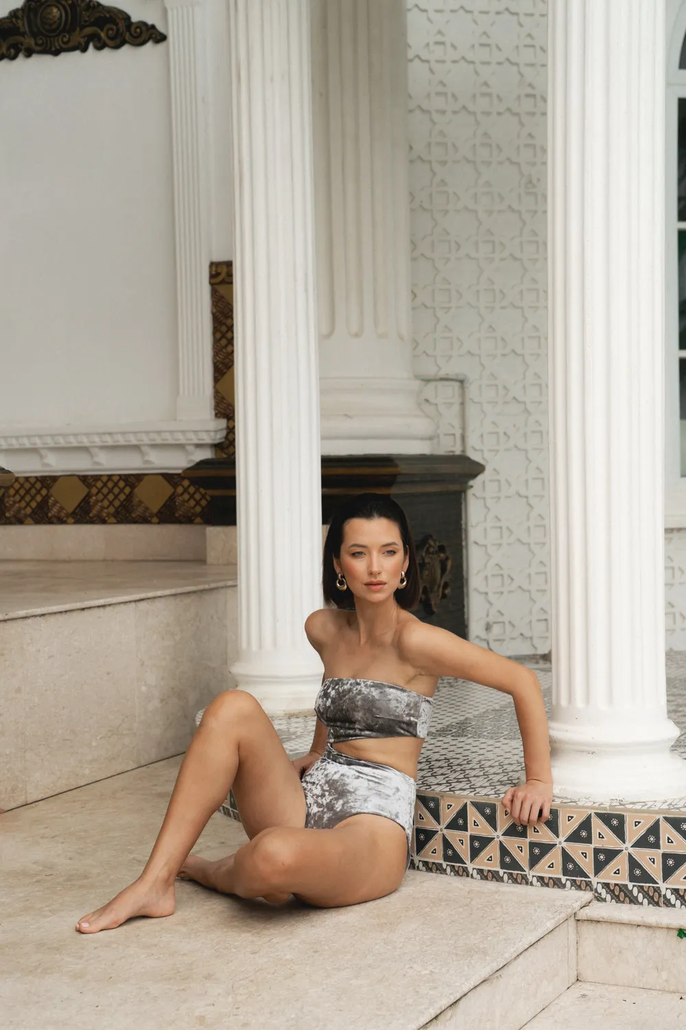 Coral Mirage ~ Strapless Cut-Off One Piece - Velvet Silver