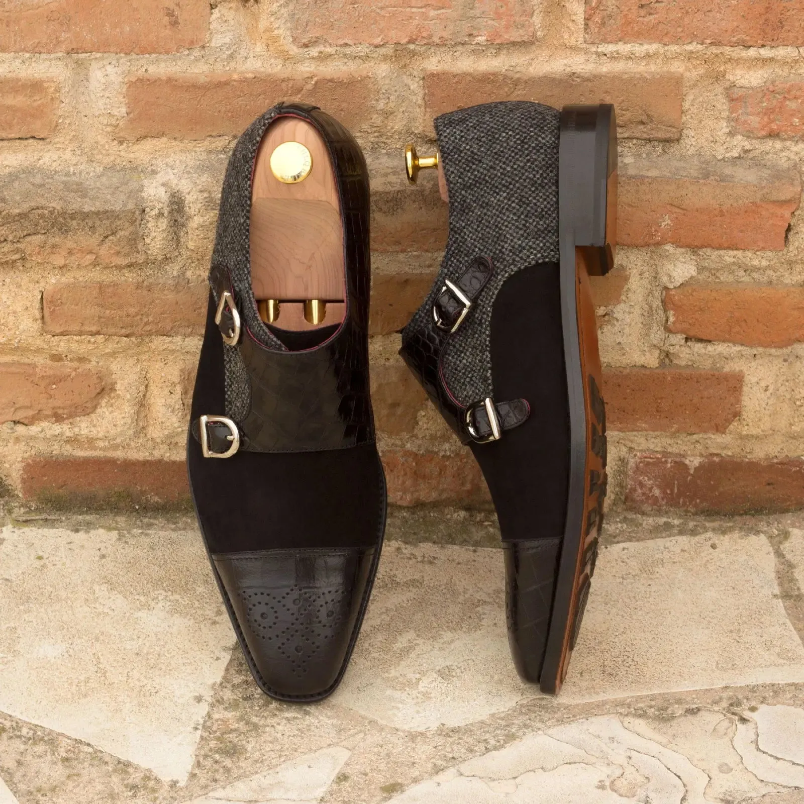 DapperFam Monaco in Black / Nailhead Men's Sartorial & Italian Suede & Embossed Leather Double Monk