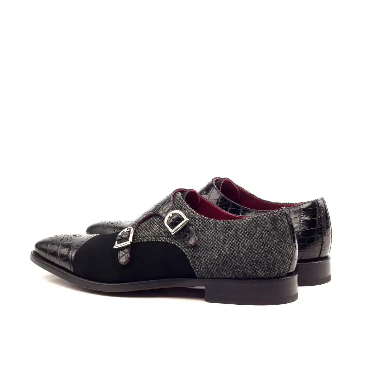 DapperFam Monaco in Black / Nailhead Men's Sartorial & Italian Suede & Embossed Leather Double Monk