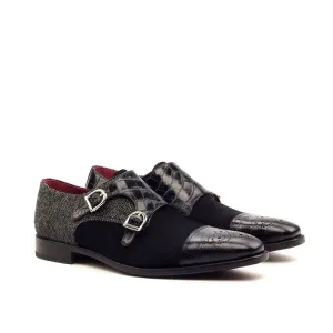 DapperFam Monaco in Black / Nailhead Men's Sartorial & Italian Suede & Embossed Leather Double Monk