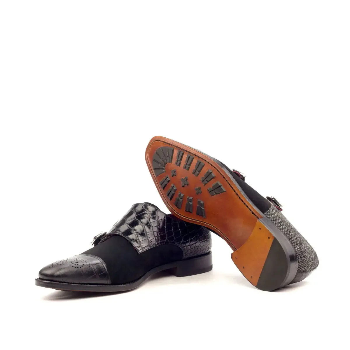 DapperFam Monaco in Black / Nailhead Men's Sartorial & Italian Suede & Embossed Leather Double Monk