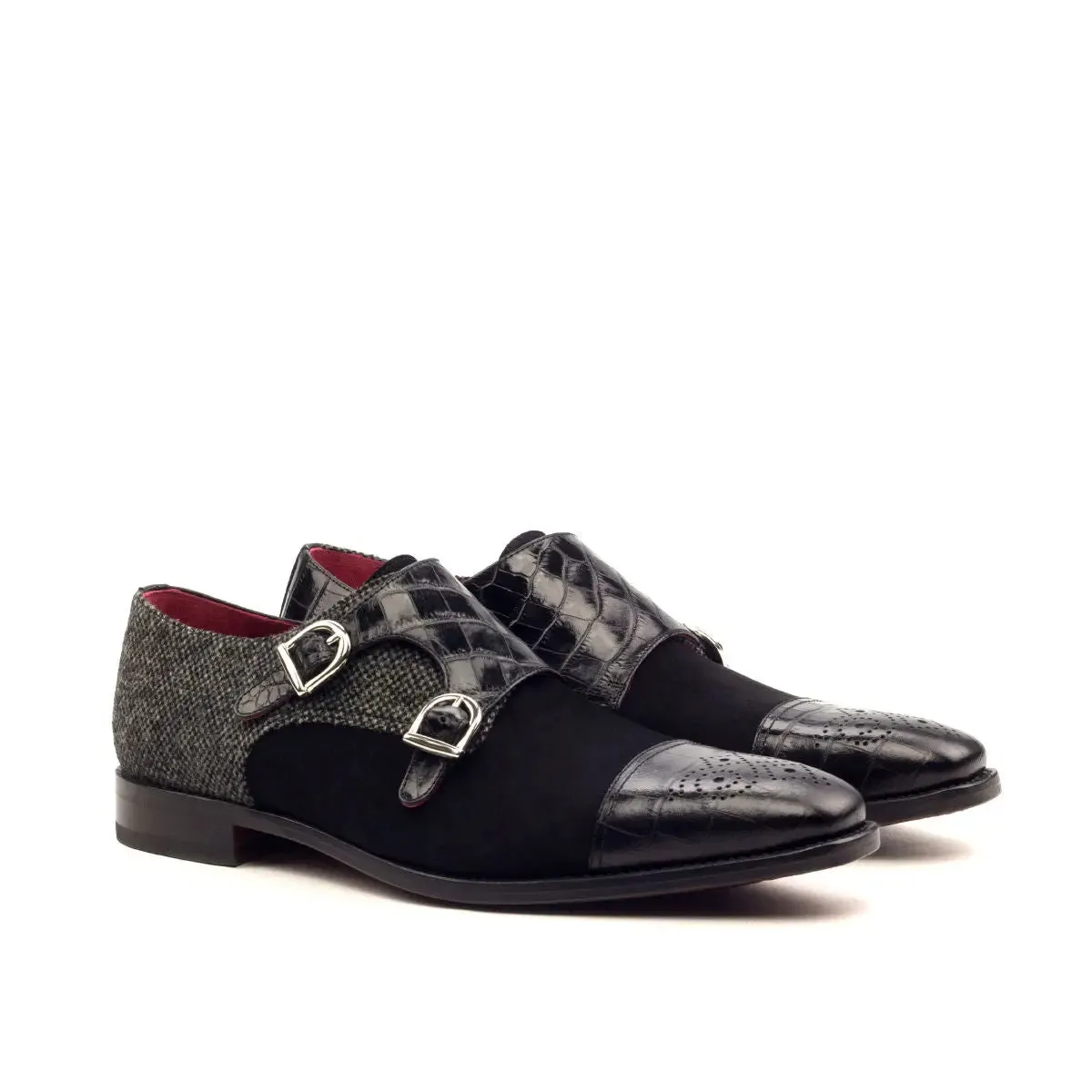 DapperFam Monaco in Black / Nailhead Men's Sartorial & Italian Suede & Embossed Leather Double Monk