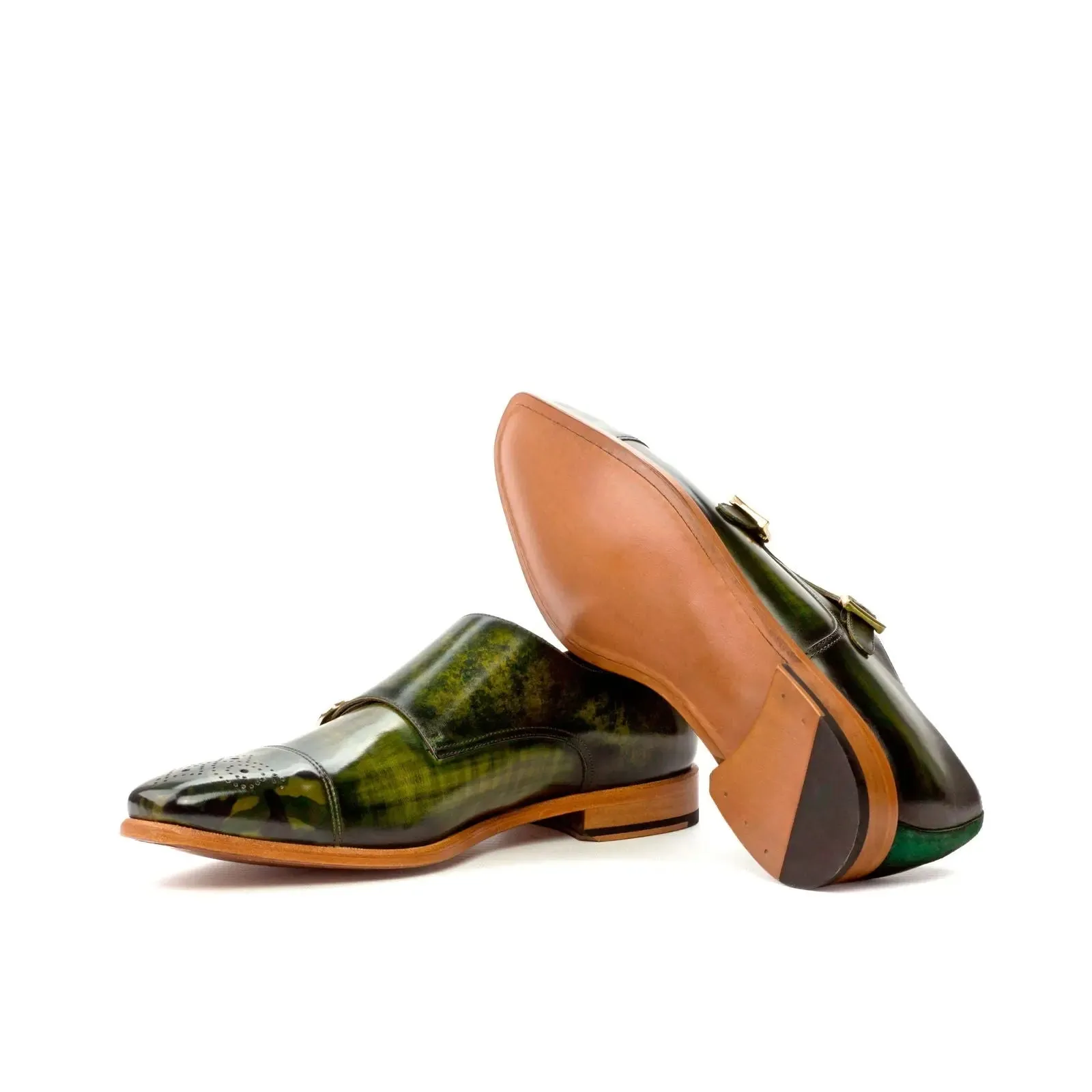 DapperFam Monaco in Forest / Khaki / Khaki Camo Men's Italian Suede & Hand-Painted Patina Double Monk
