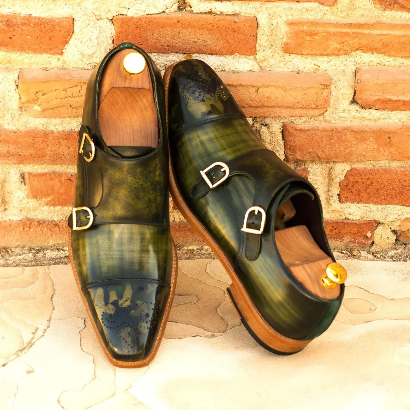 DapperFam Monaco in Forest / Khaki / Khaki Camo Men's Italian Suede & Hand-Painted Patina Double Monk