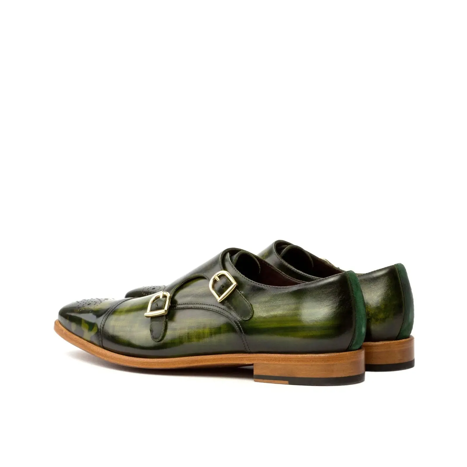 DapperFam Monaco in Forest / Khaki / Khaki Camo Men's Italian Suede & Hand-Painted Patina Double Monk