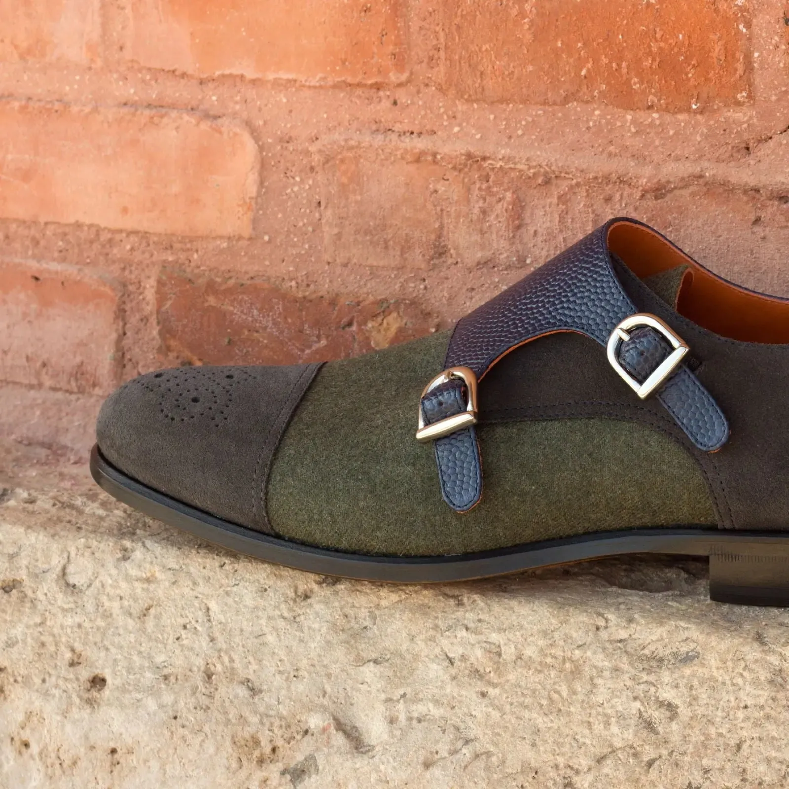 DapperFam Monaco in Green / Grey / Navy Men's Flannel & Lux Suede & Italian Pebble Grain Leather Double Monk