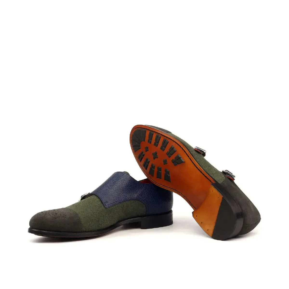 DapperFam Monaco in Green / Grey / Navy Men's Flannel & Lux Suede & Italian Pebble Grain Leather Double Monk