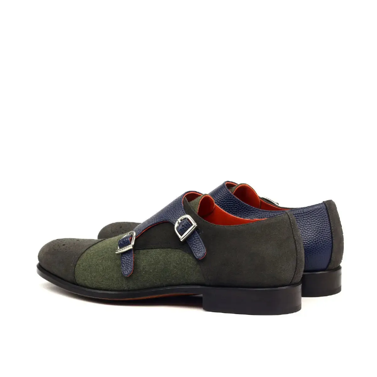DapperFam Monaco in Green / Grey / Navy Men's Flannel & Lux Suede & Italian Pebble Grain Leather Double Monk