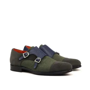 DapperFam Monaco in Green / Grey / Navy Men's Flannel & Lux Suede & Italian Pebble Grain Leather Double Monk