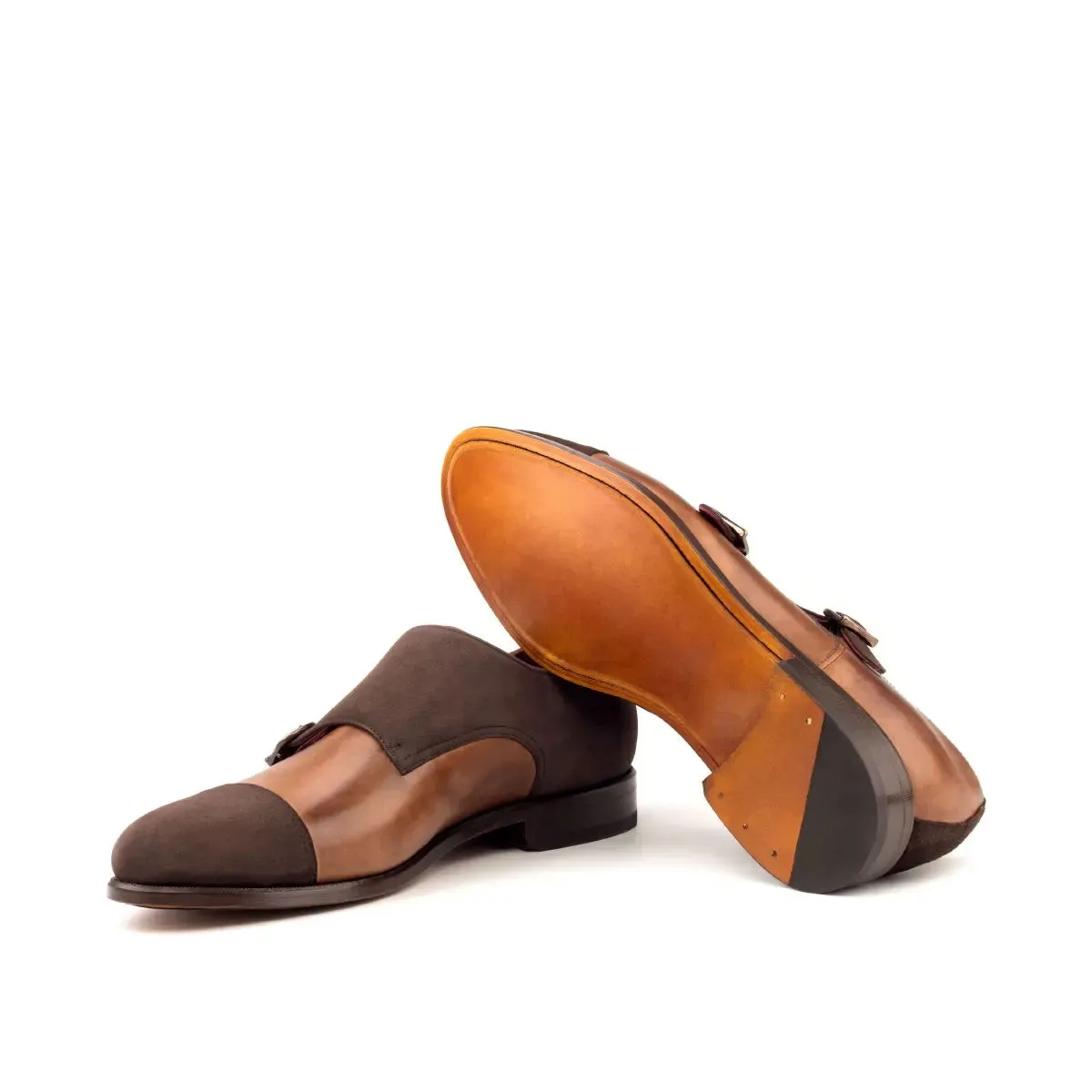 DapperFam Monaco in Med Brown / Brown Men's Italian Leather & Italian Suede Double Monk