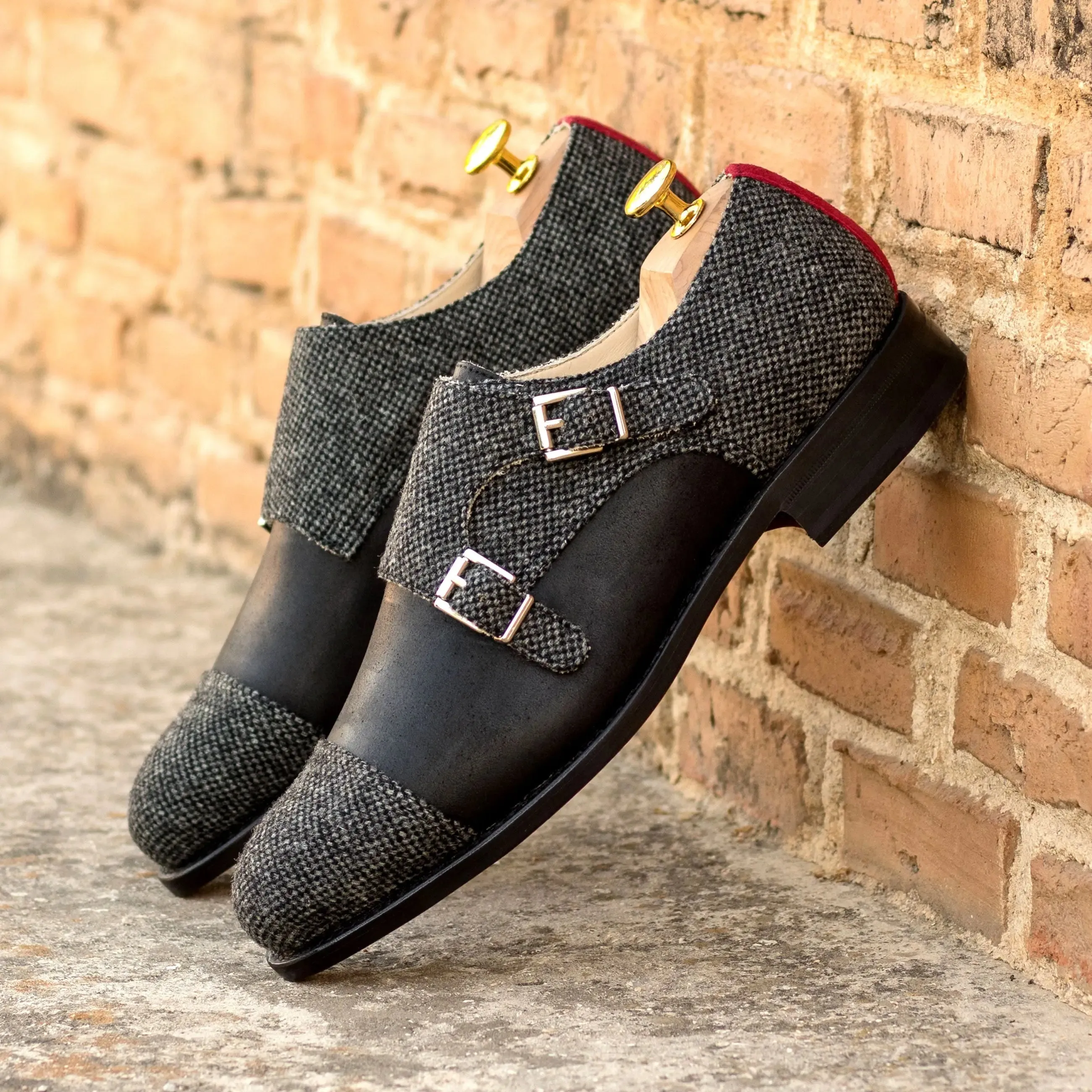 DapperFam Monaco in Nailhead / Black Men's Sartorial & Italian Suede Double Monk