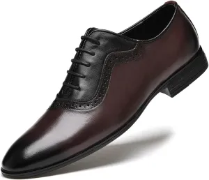 New Oxford Shoes for Men Lace Up Brogue Round Burnished Toe Leather Block Heel Non Slip Low Top Prom