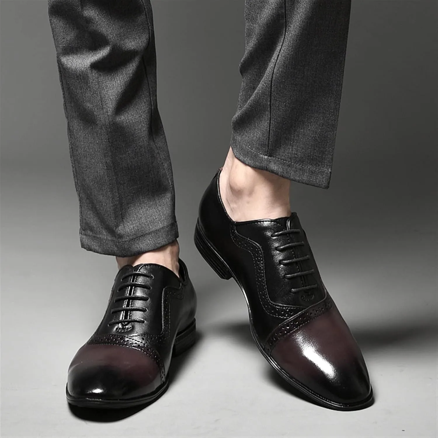 New Oxford Shoes for Men Lace Up Brogue Round Burnished Toe Leather Block Heel Non Slip Low Top Prom