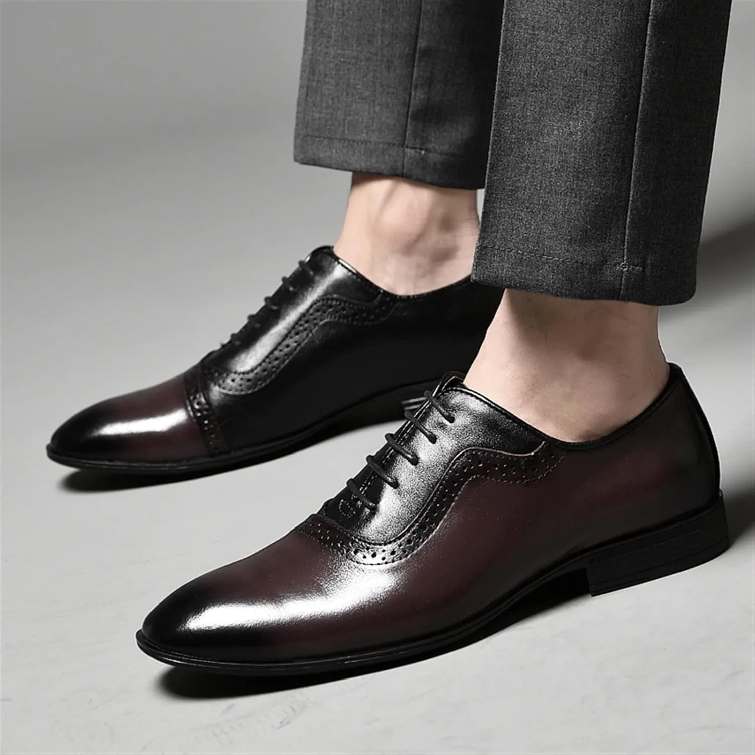 New Oxford Shoes for Men Lace Up Brogue Round Burnished Toe Leather Block Heel Non Slip Low Top Prom