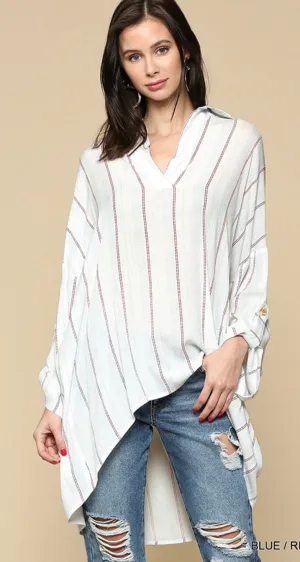 Striped Collared Tunic With Adjustable Sleeves